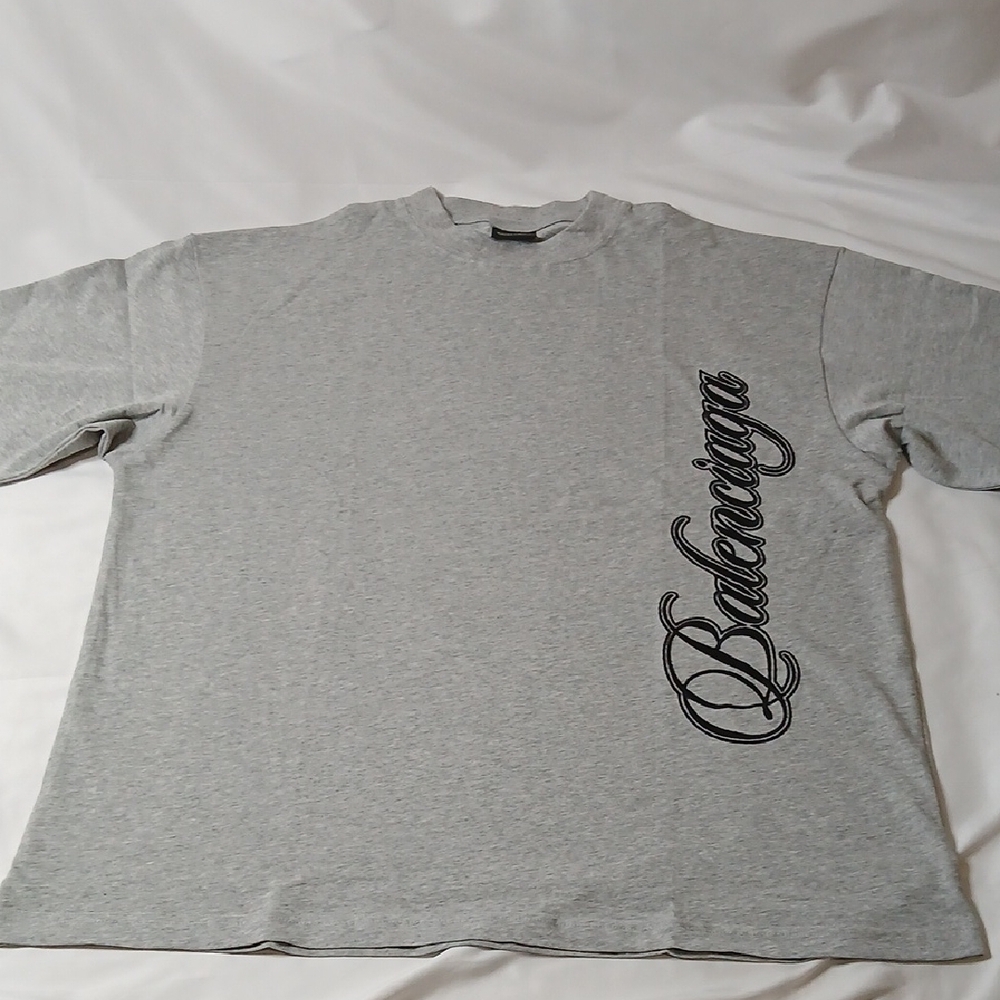 Balenciaga Gray Cursive Embroided Logo Short Sleeve Tee